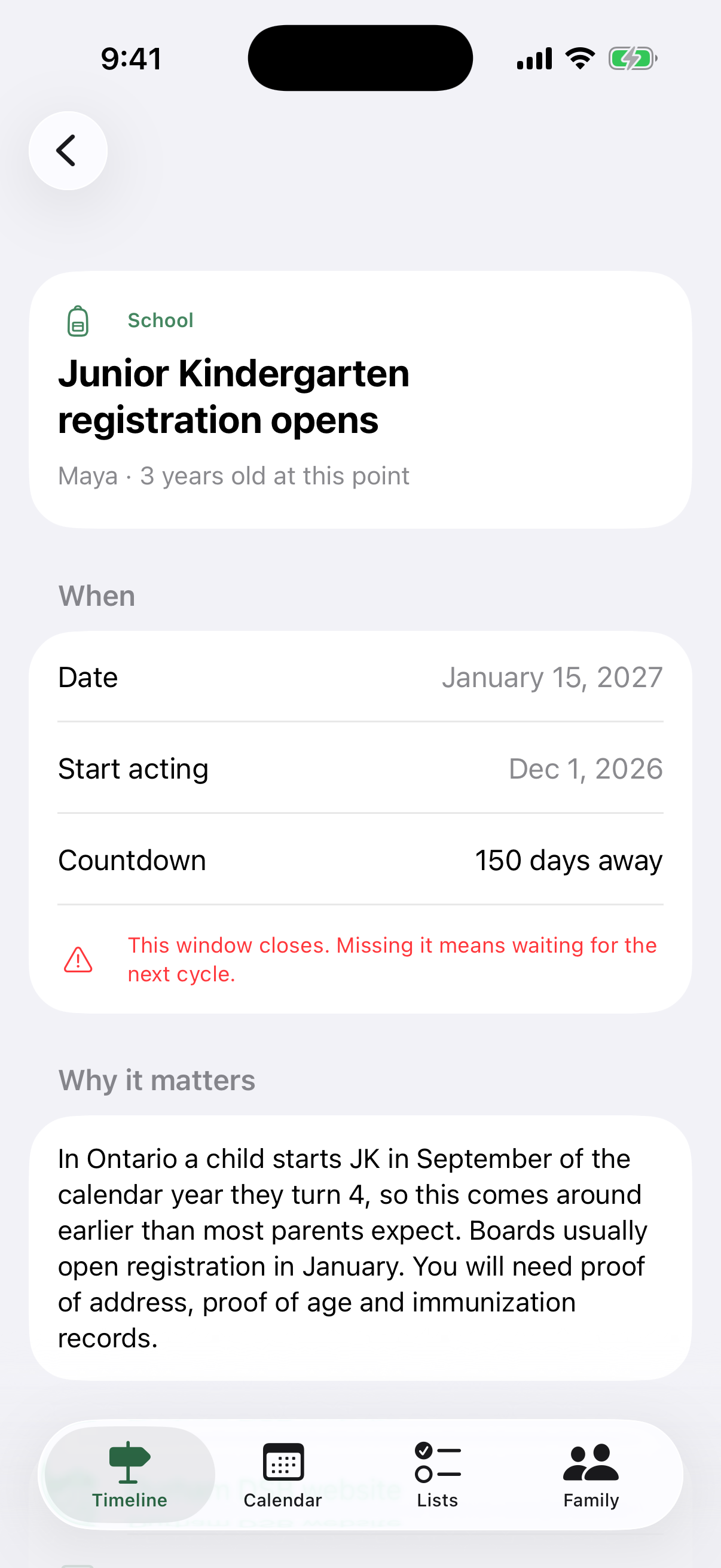 A kindergarten registration item showing the date, when to start acting, why it matters, and a link to the family's own school board