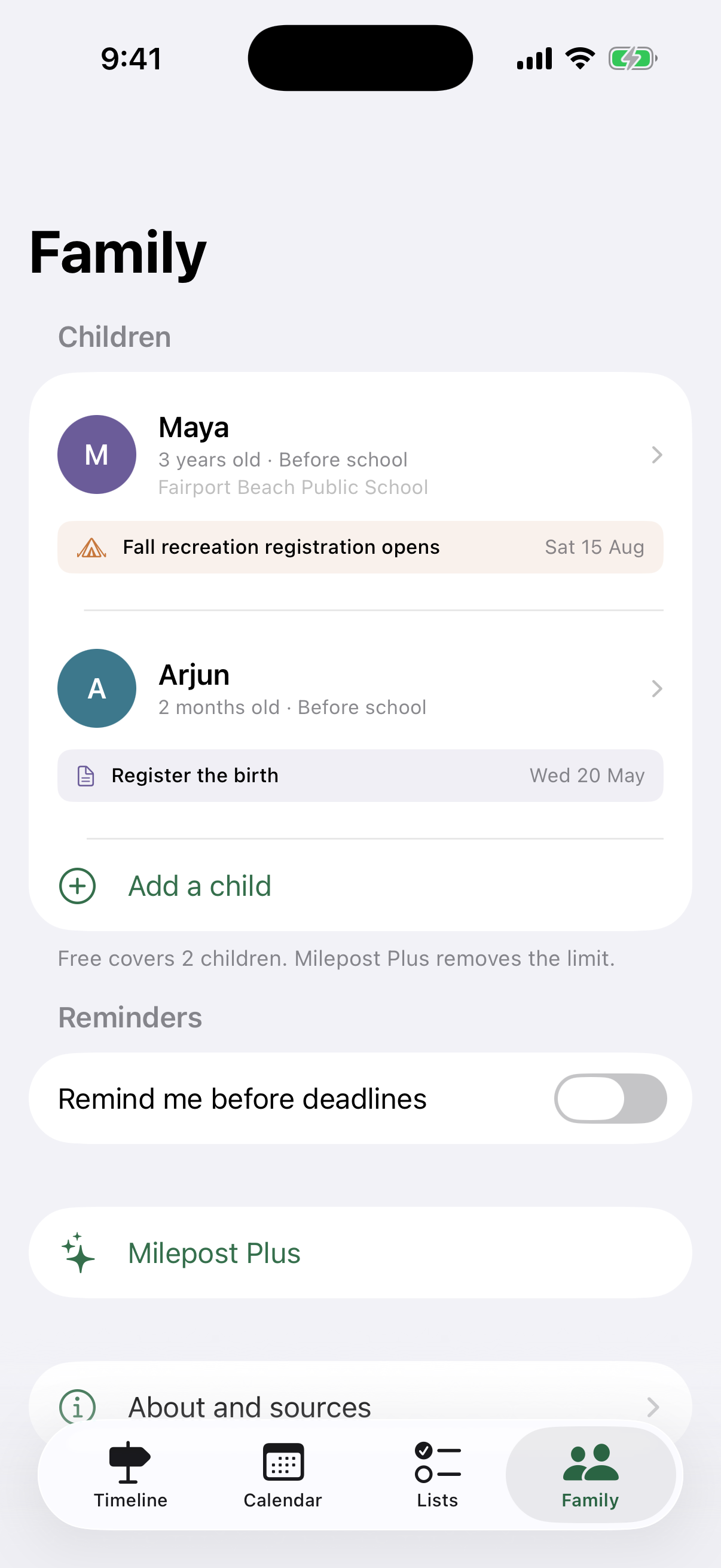 The family screen listing each child with their age, school and next deadline